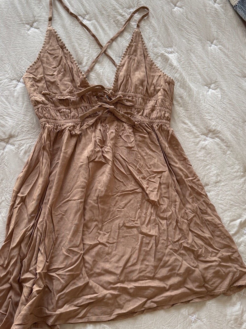 wild fable tan smocked sundress with tie detail